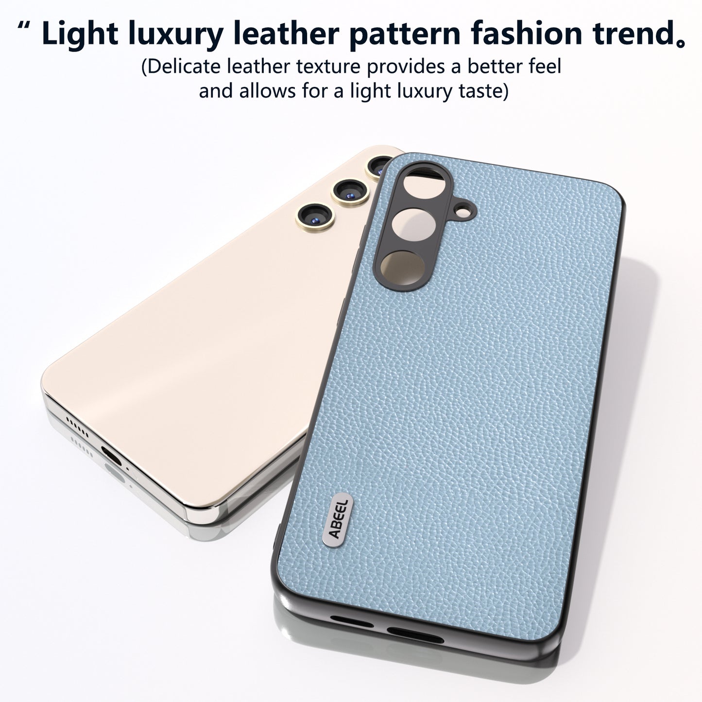 ABEEL For Samsung Galaxy S24+ Case with Litchi Texture Genuine Cow Leather Back Cover  - Baby Blue