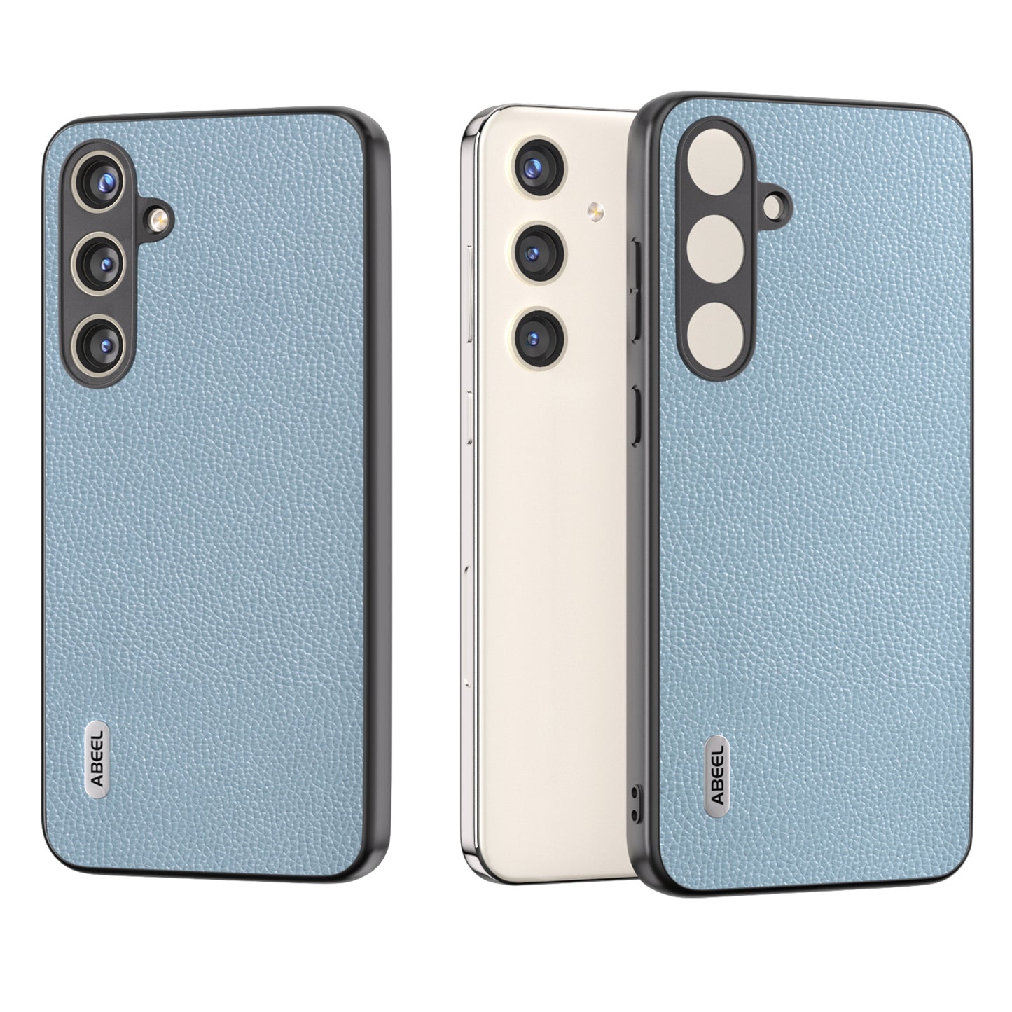 ABEEL For Samsung Galaxy S24+ Case with Litchi Texture Genuine Cow Leather Back Cover  - Baby Blue