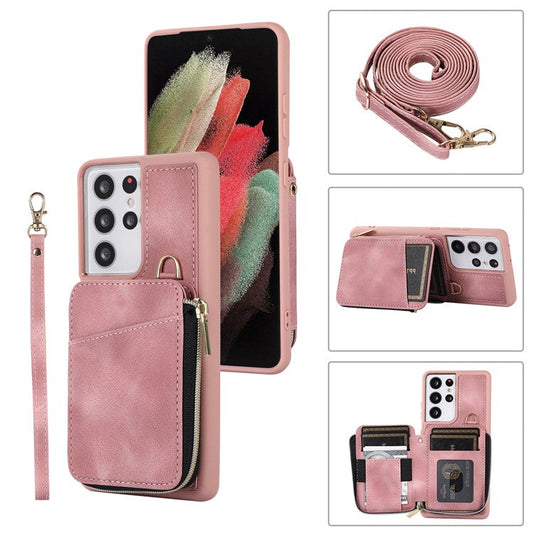 For Samsung Galaxy S21 Ultra 5G Cell Phone Case PU Leather+TPU Zipper Wallet Cover - Pink