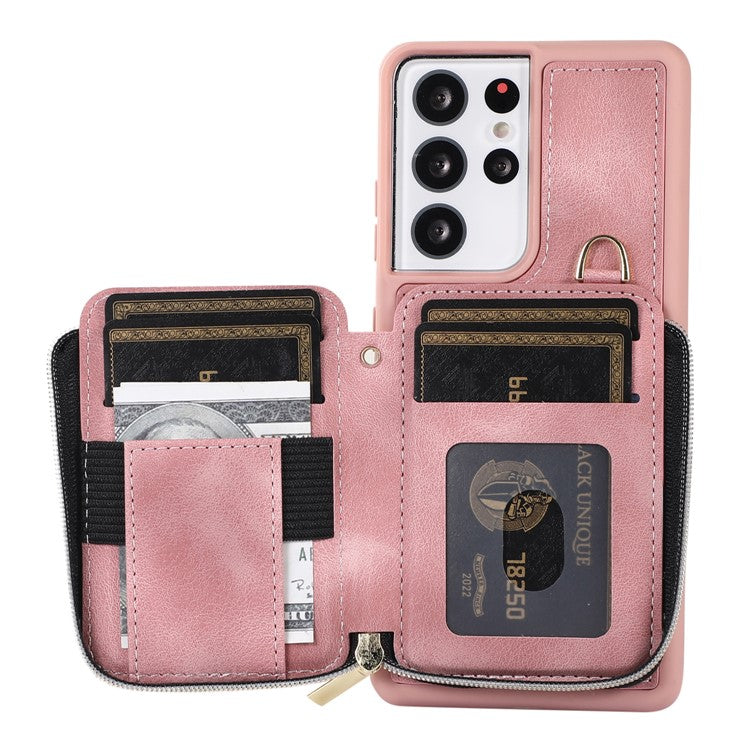 For Samsung Galaxy S21 Ultra 5G Cell Phone Case PU Leather+TPU Zipper Wallet Cover - Pink