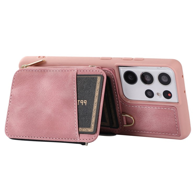 For Samsung Galaxy S21 Ultra 5G Cell Phone Case PU Leather+TPU Zipper Wallet Cover - Pink