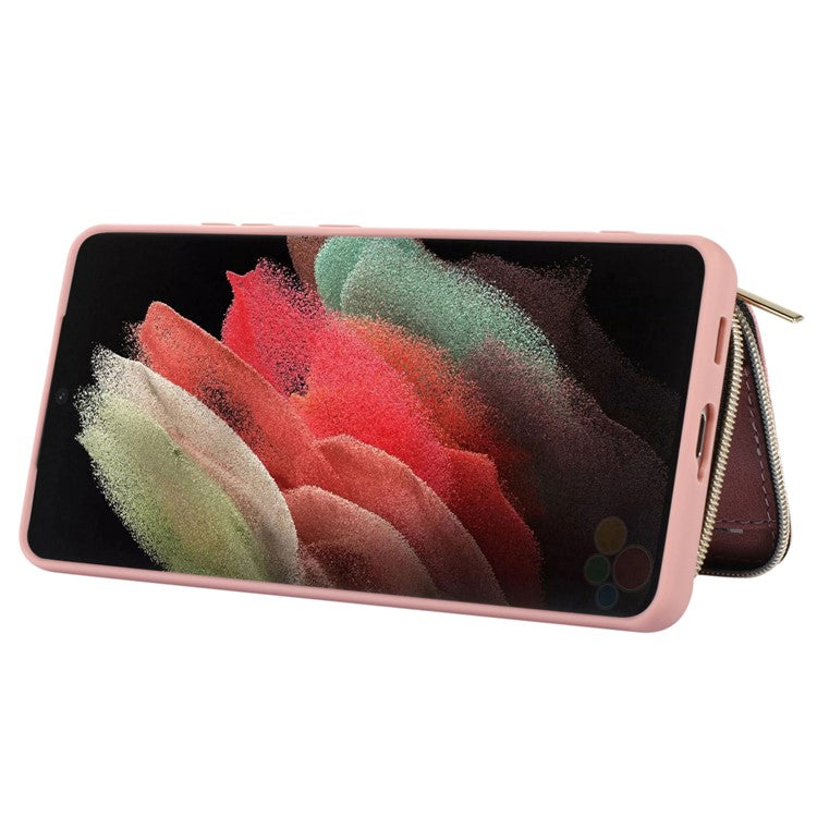 For Samsung Galaxy S21 Ultra 5G Cell Phone Case PU Leather+TPU Zipper Wallet Cover - Pink