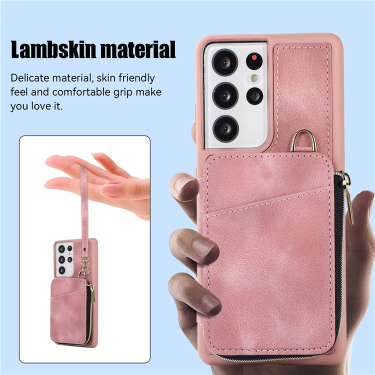For Samsung Galaxy S21 Ultra 5G Cell Phone Case PU Leather+TPU Zipper Wallet Cover - Pink