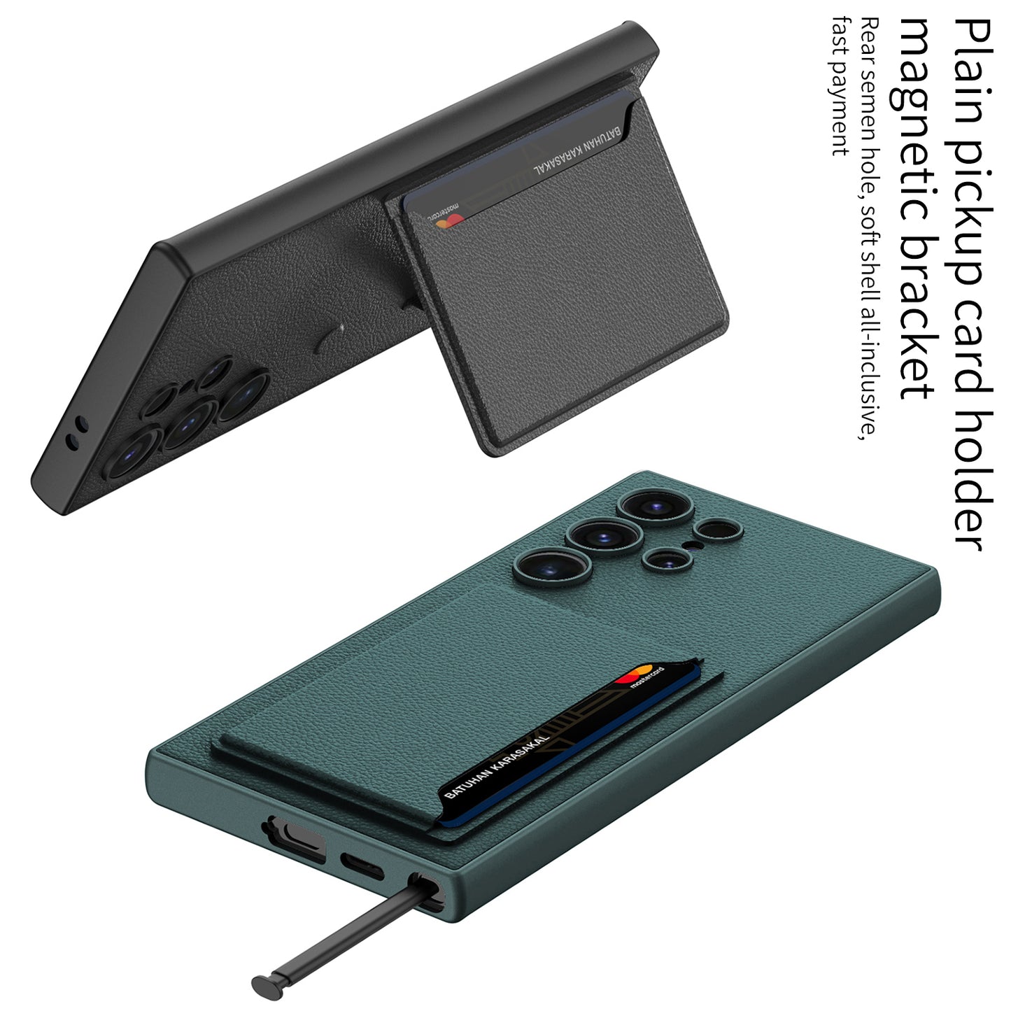 GKK For Samsung Galaxy S24 Ultra Magnetic Case PU Leather Coated PC+TPU Phone Cover with Card Slot - Midnight Green
