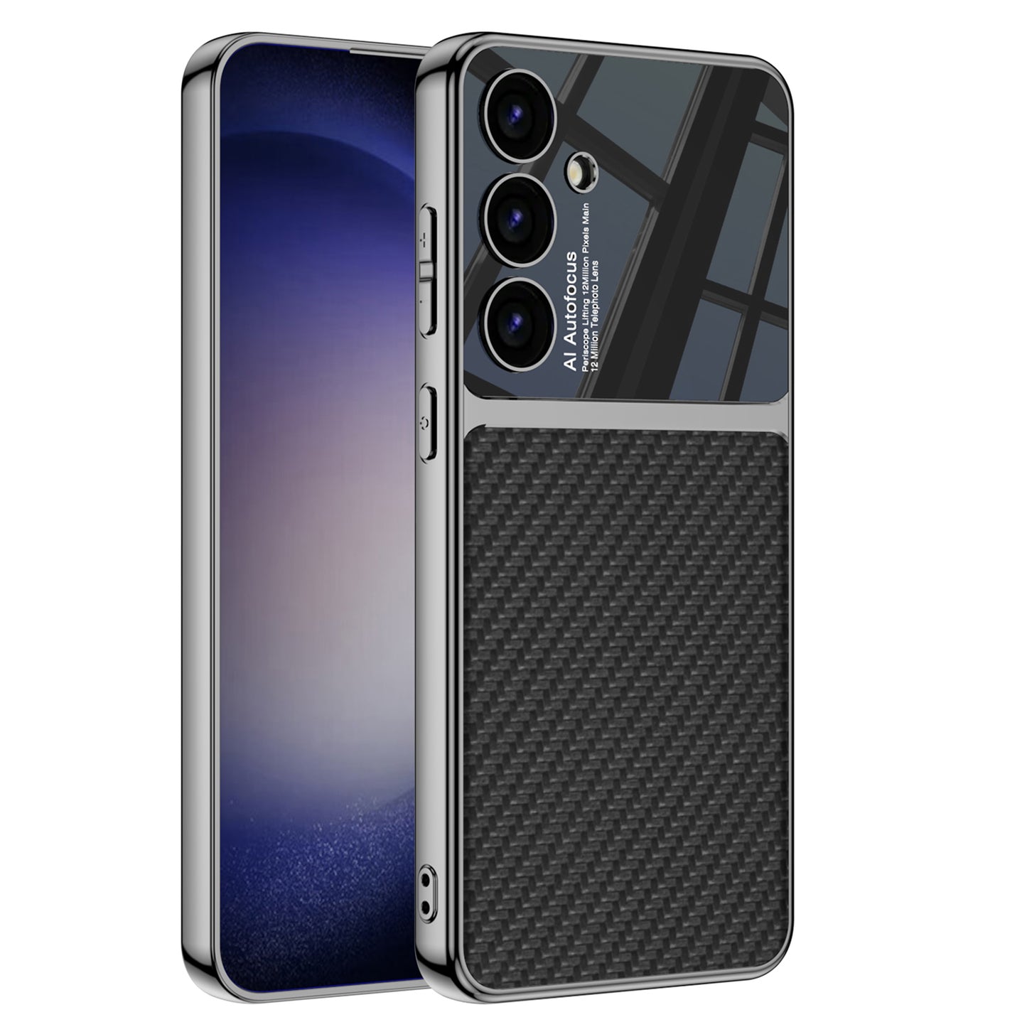GKK For Samsung Galaxy S24 Cell Phone Case Electroplated PU Leather Coated PC+TPU Back Shell - Carbon Fiber Texture