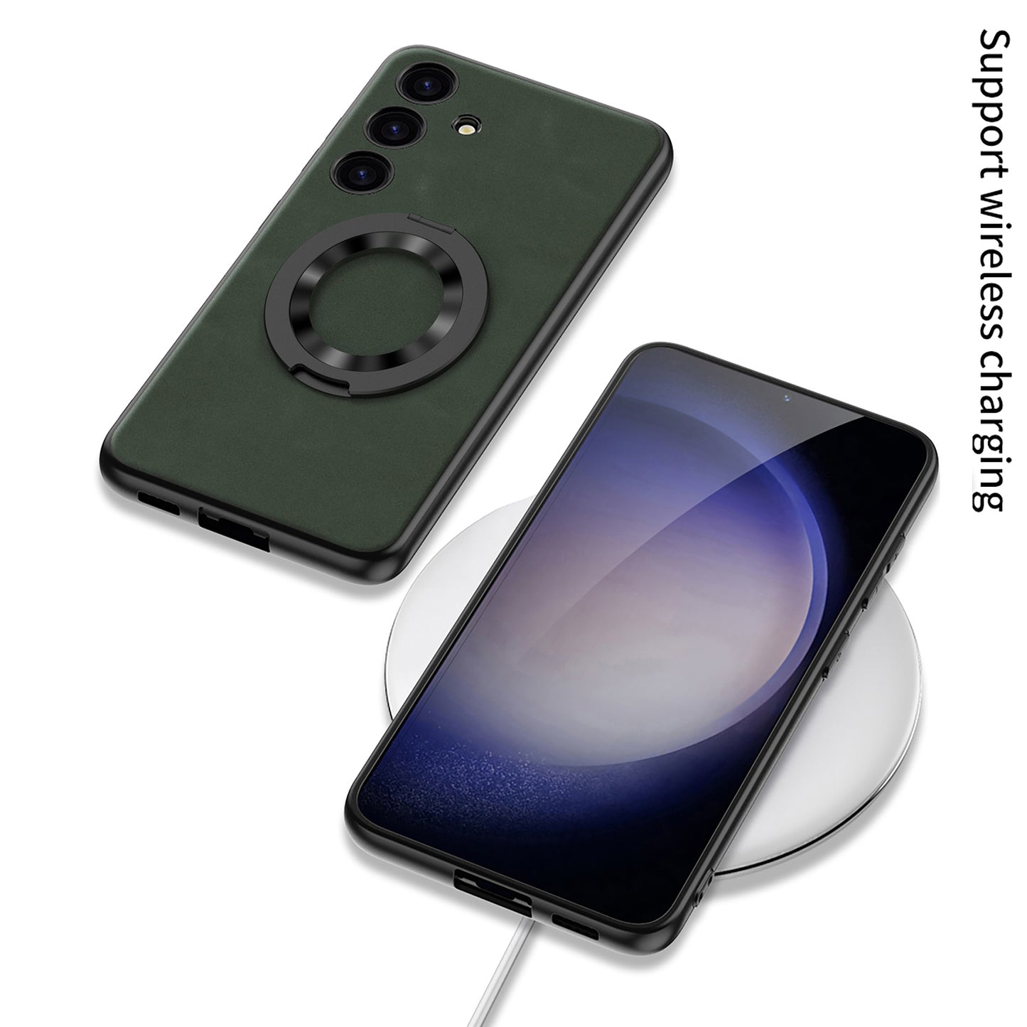 GKK For Samsung Galaxy S24 Magnetic Phone Case Matte Ring Kickstand Leather Back Cover - Green