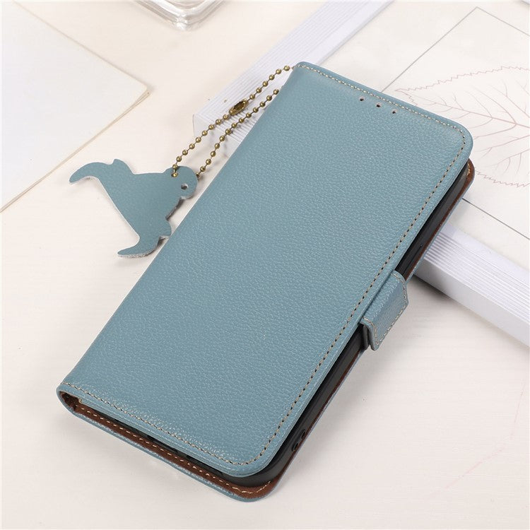 For OnePlus 12 5G Phone Case Genuine Cow Leather RFID Blocking Wallet - Blue