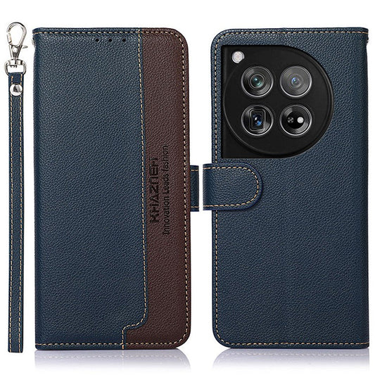 KHAZNEH For OnePlus 12 5G PU Leather Phone Cover Litchi Texture Flip Stand RFID Blocking Case - Blue