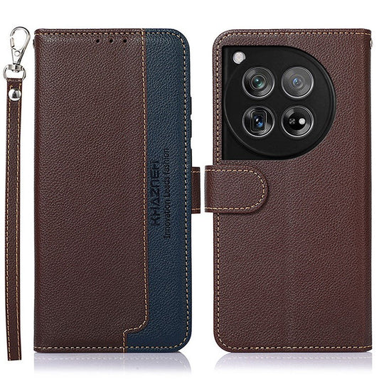 KHAZNEH For OnePlus 12 5G PU Leather Phone Cover Litchi Texture Flip Stand RFID Blocking Case - Brown