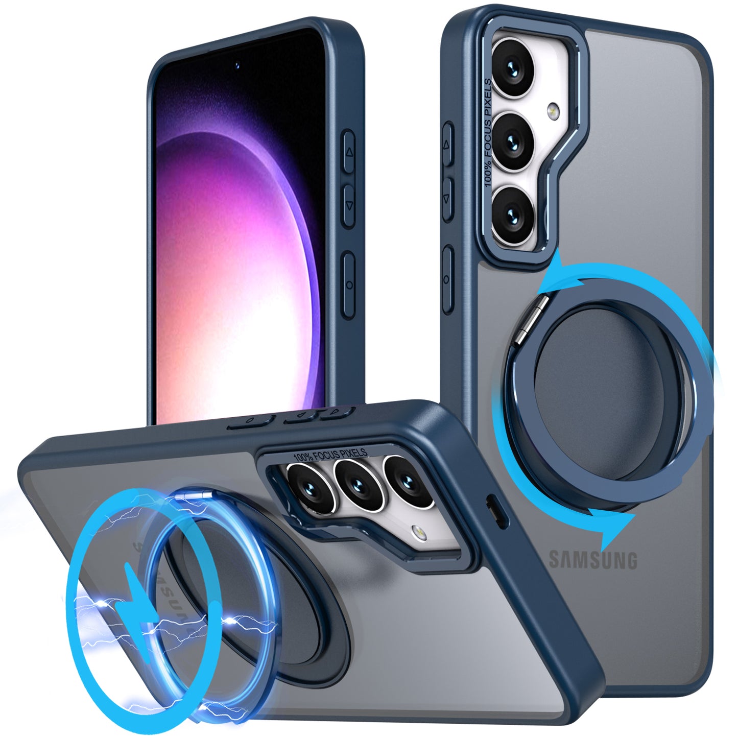 For Samsung Galaxy S24+ Magnetic Phone Case Invisible Gear 360 Degree Rotation Ring Kickstand - Navy Blue