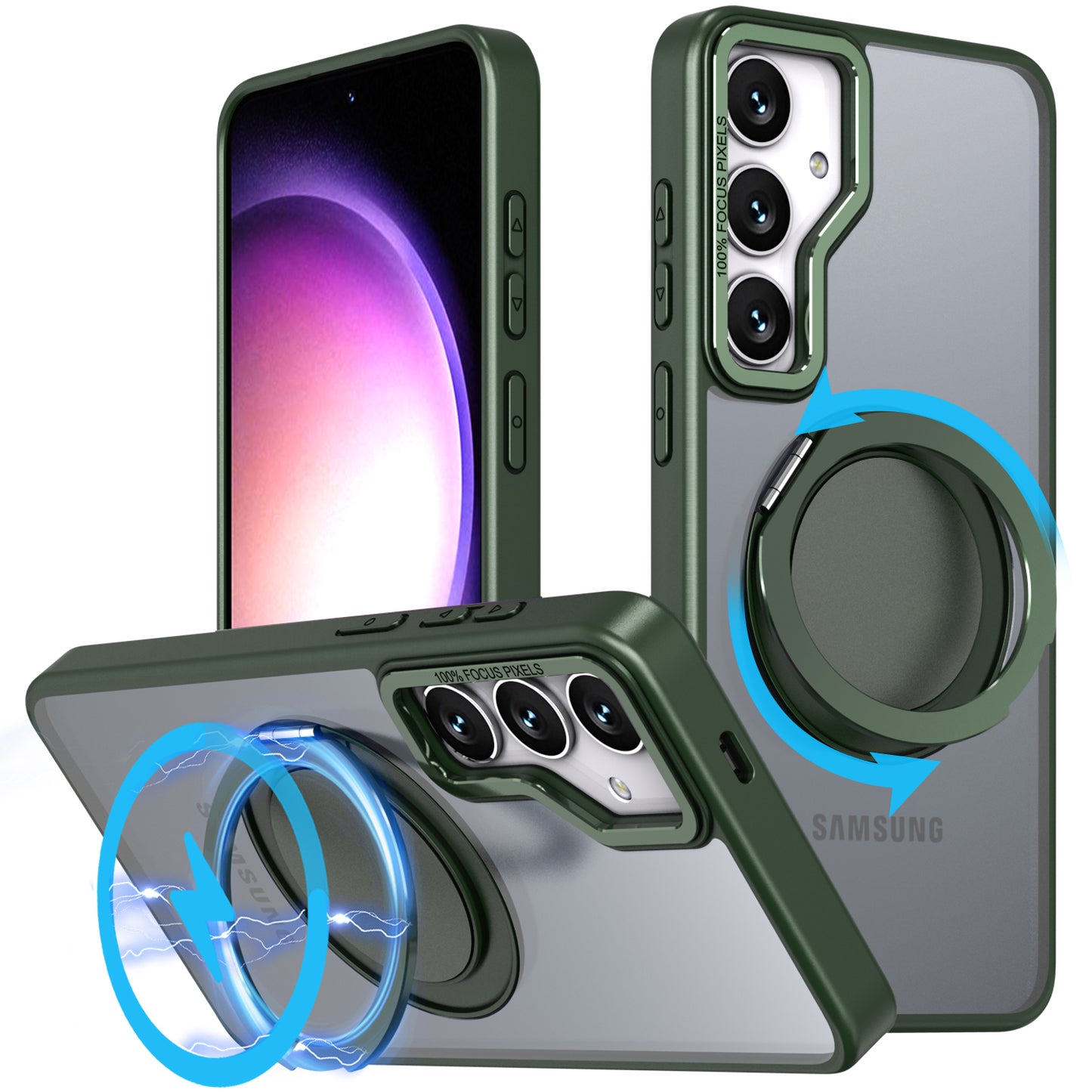For Samsung Galaxy S24+ Magnetic Phone Case Invisible Gear 360 Degree Rotation Ring Kickstand - Green
