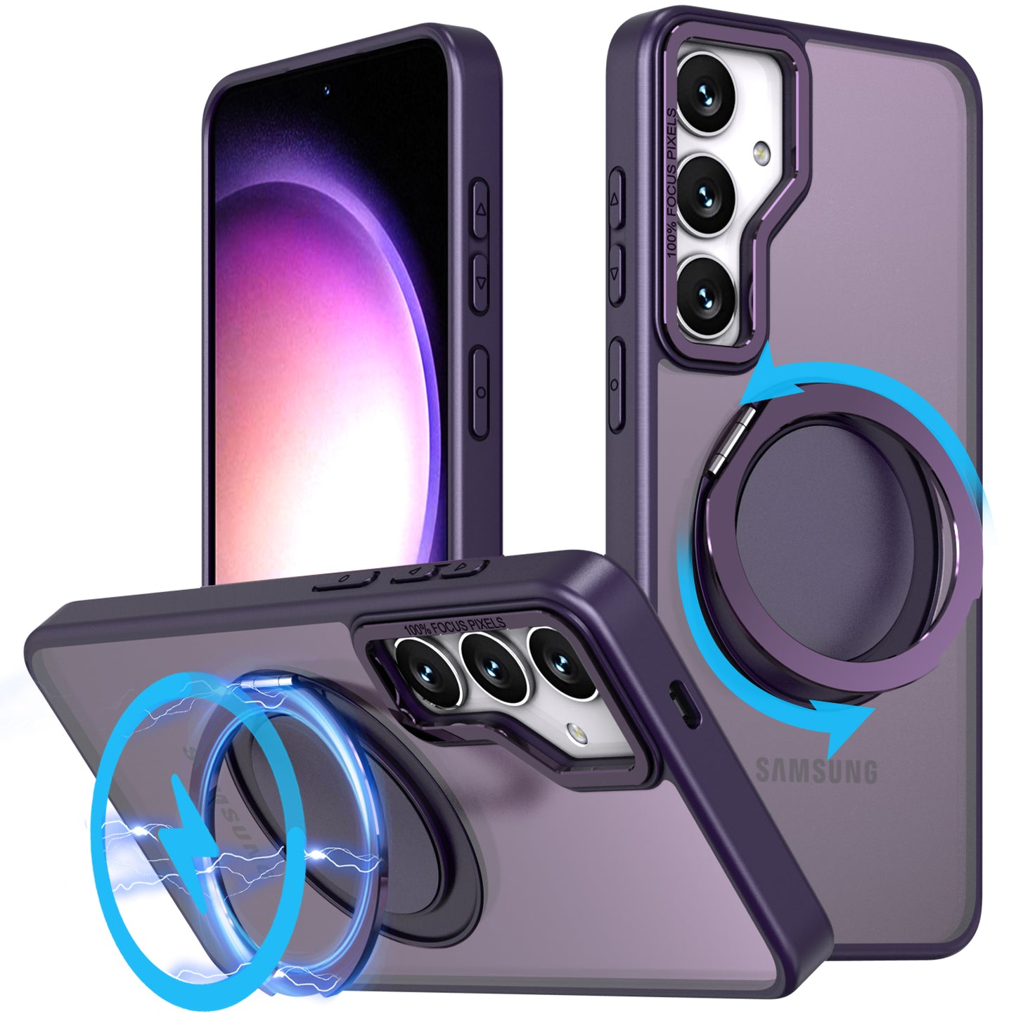 For Samsung Galaxy S24+ Magnetic Phone Case Invisible Gear 360 Degree Rotation Ring Kickstand - Purple