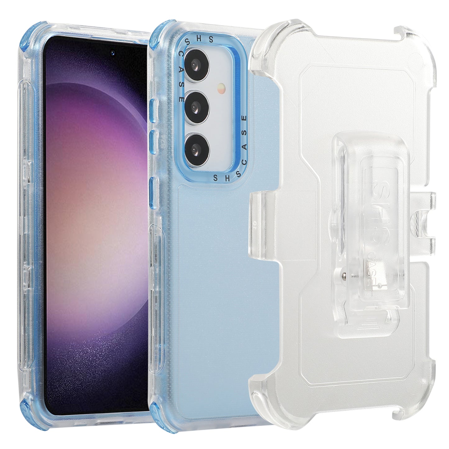 For Samsung Galaxy S24+ Slide Belt Holster Phone Case Kickstand Matte Cover - Sky Blue