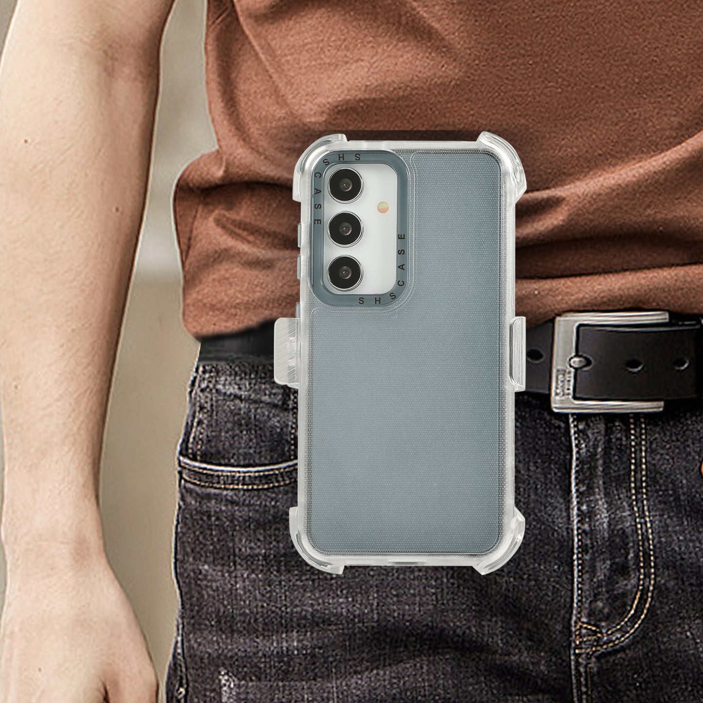 For Samsung Galaxy S24+ Slide Belt Holster Phone Case Kickstand Matte Cover - Transparent Sapphire