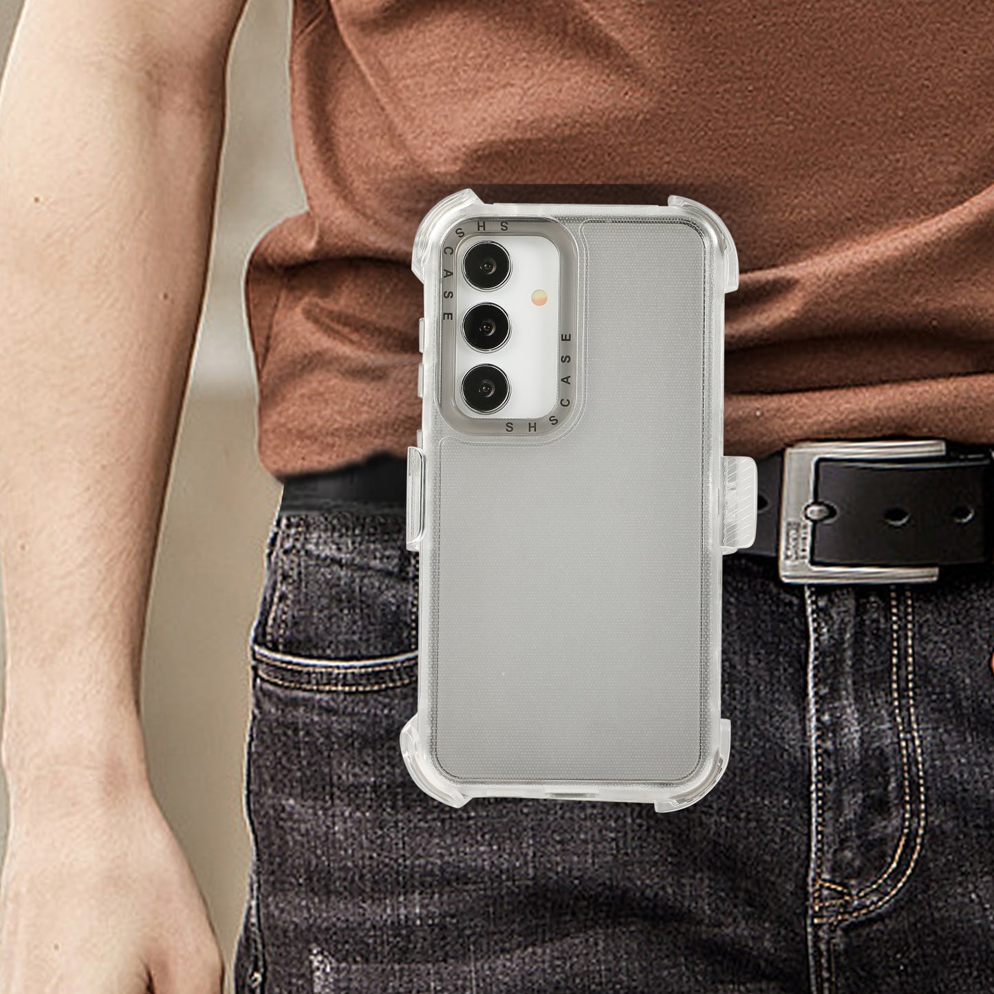 For Samsung Galaxy S24+ Slide Belt Holster Phone Case Kickstand Matte Cover - Transparent Black