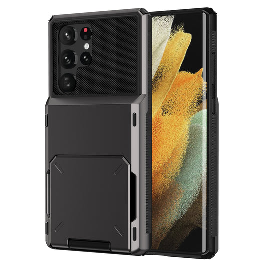 For Samsung Galaxy S24 Ultra Flip Card Holder Phone Case TPU+PC Cover - Grey