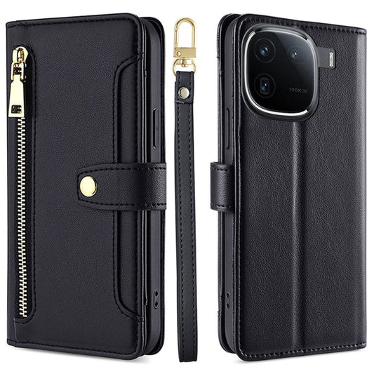 For vivo iQOO 12 Pro 5G Case PU Leather Wallet Phone Crossbody Flip Cover Shoulder Wrist Straps - Black