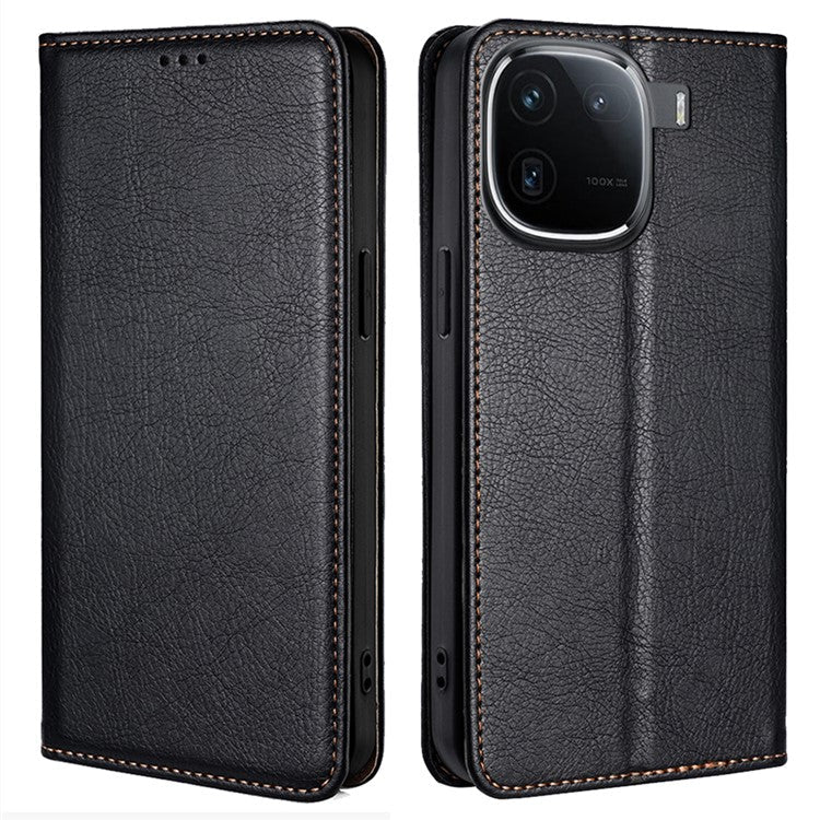 For vivo iQOO 12 5G PU Leather Wallet Case Solid Color Stand Flip Phone Cover Magnetic Absorption - Black
