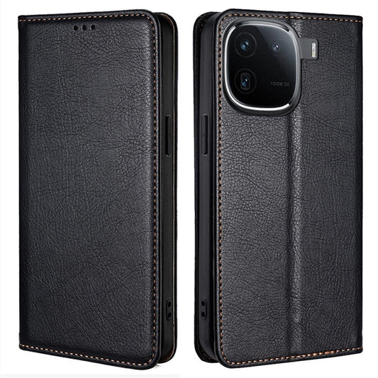 For vivo iQOO 12 5G PU Leather Wallet Case Solid Color Stand Flip Phone Cover Magnetic Absorption - Black