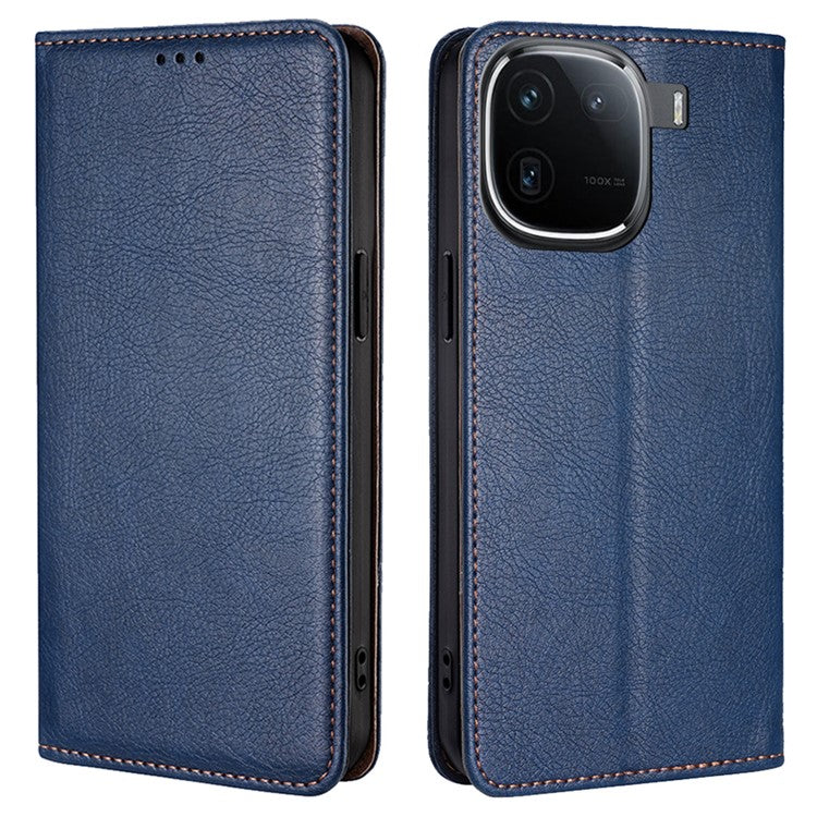 For vivo iQOO 12 5G PU Leather Wallet Case Solid Color Stand Flip Phone Cover Magnetic Absorption - Blue