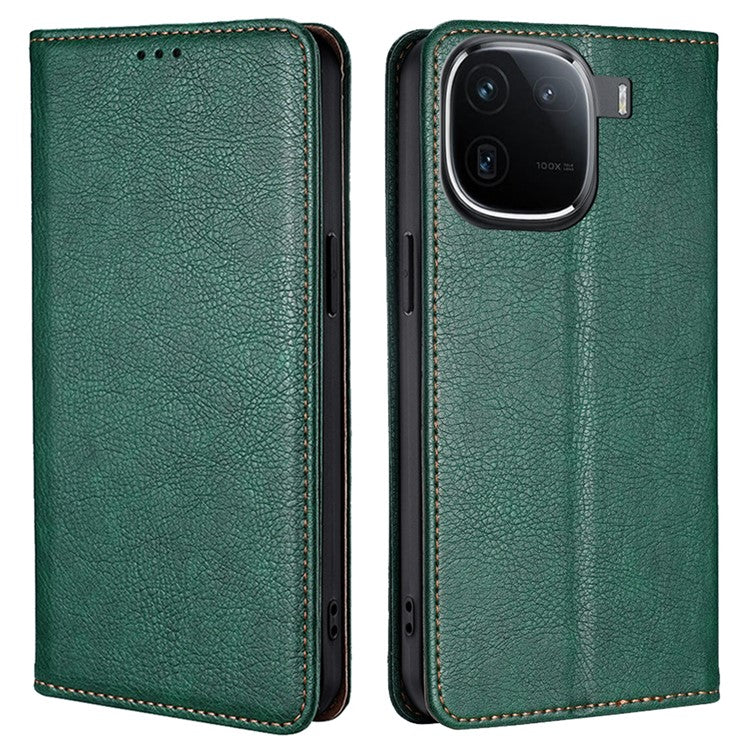 For vivo iQOO 12 5G PU Leather Wallet Case Solid Color Stand Flip Phone Cover Magnetic Absorption - Green