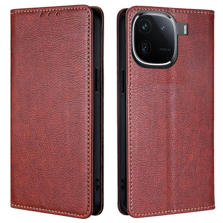 For vivo iQOO 12 5G PU Leather Wallet Case Solid Color Stand Flip Phone Cover Magnetic Absorption - Brown