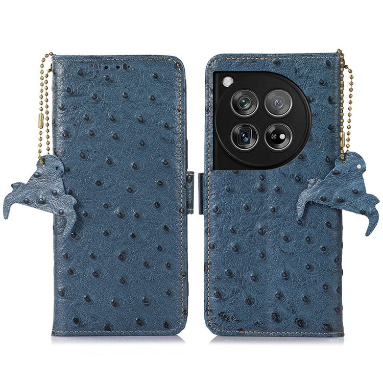 For OnePlus 12 5G Ostrich Pattern Phone Case Genuine Cow Leather Wallet - Blue