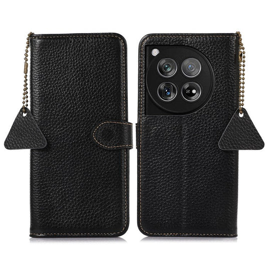 For OnePlus 12 5G Genuine Cow Leather Lychee Texture Case RFID Blocking - Black