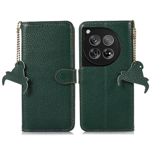 For OnePlus 12 5G Genuine Cow Leather Lychee Texture Case RFID Blocking - Green