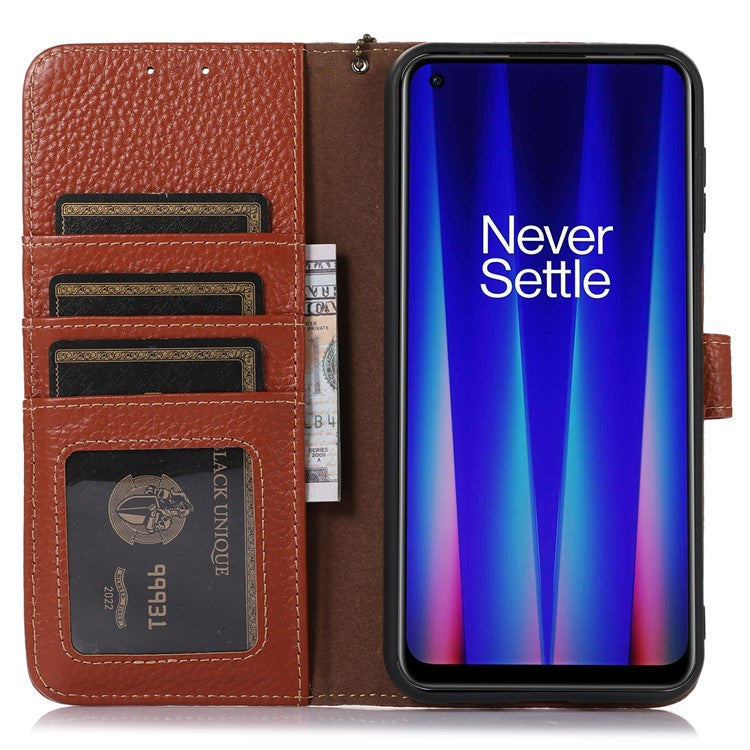 For OnePlus 12 5G Genuine Cow Leather Lychee Texture Case RFID Blocking - Brown