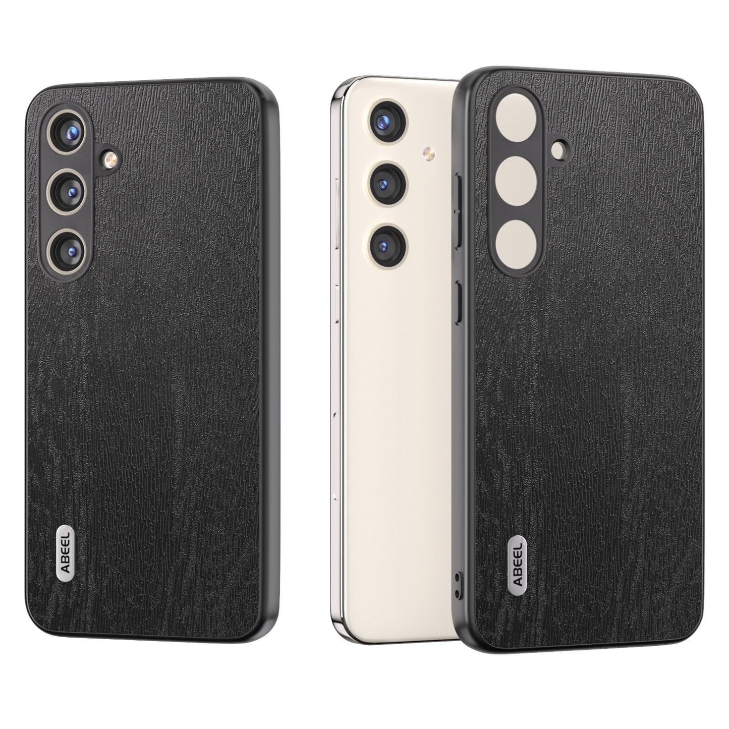 ABEEL For Samsung Galaxy S24+ Phone Case Wood Grain Anti-Scratch Leather Back Cover - Black