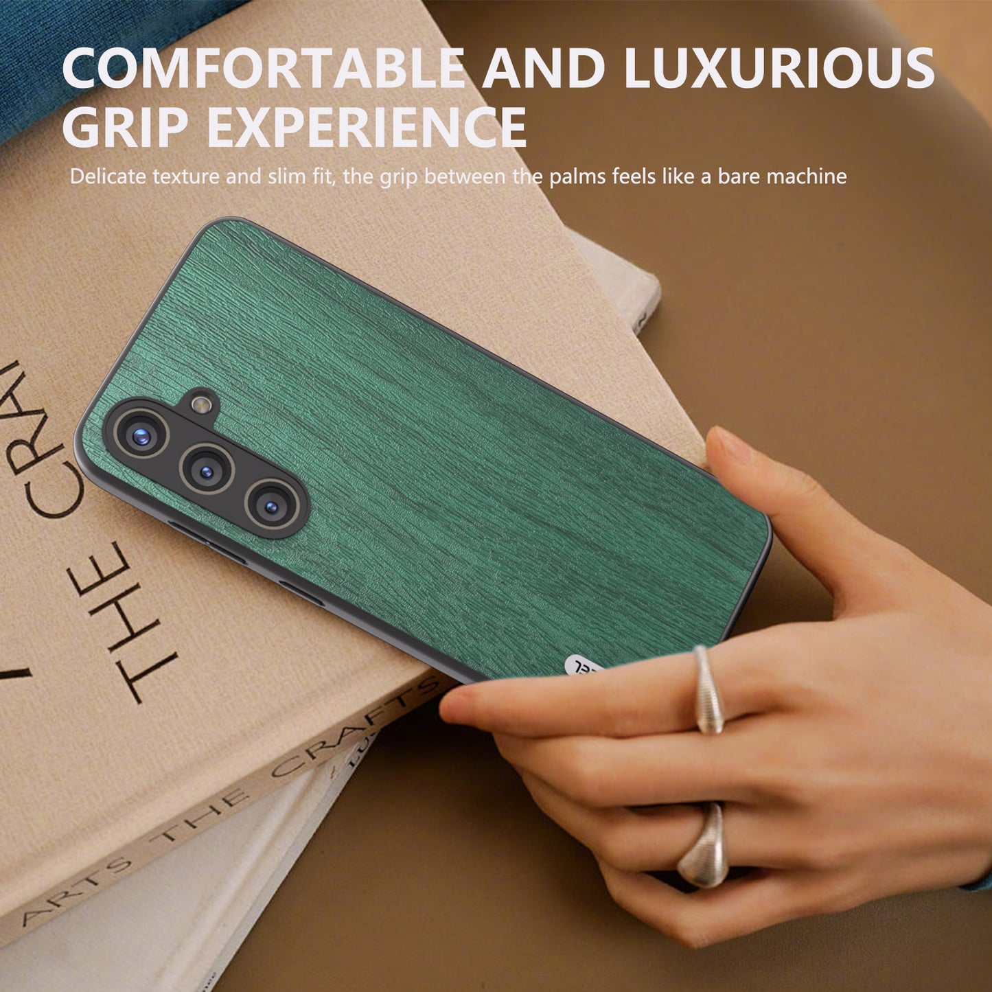 ABEEL For Samsung Galaxy S24+ Phone Case Wood Grain Anti-Scratch Leather Back Cover - Green