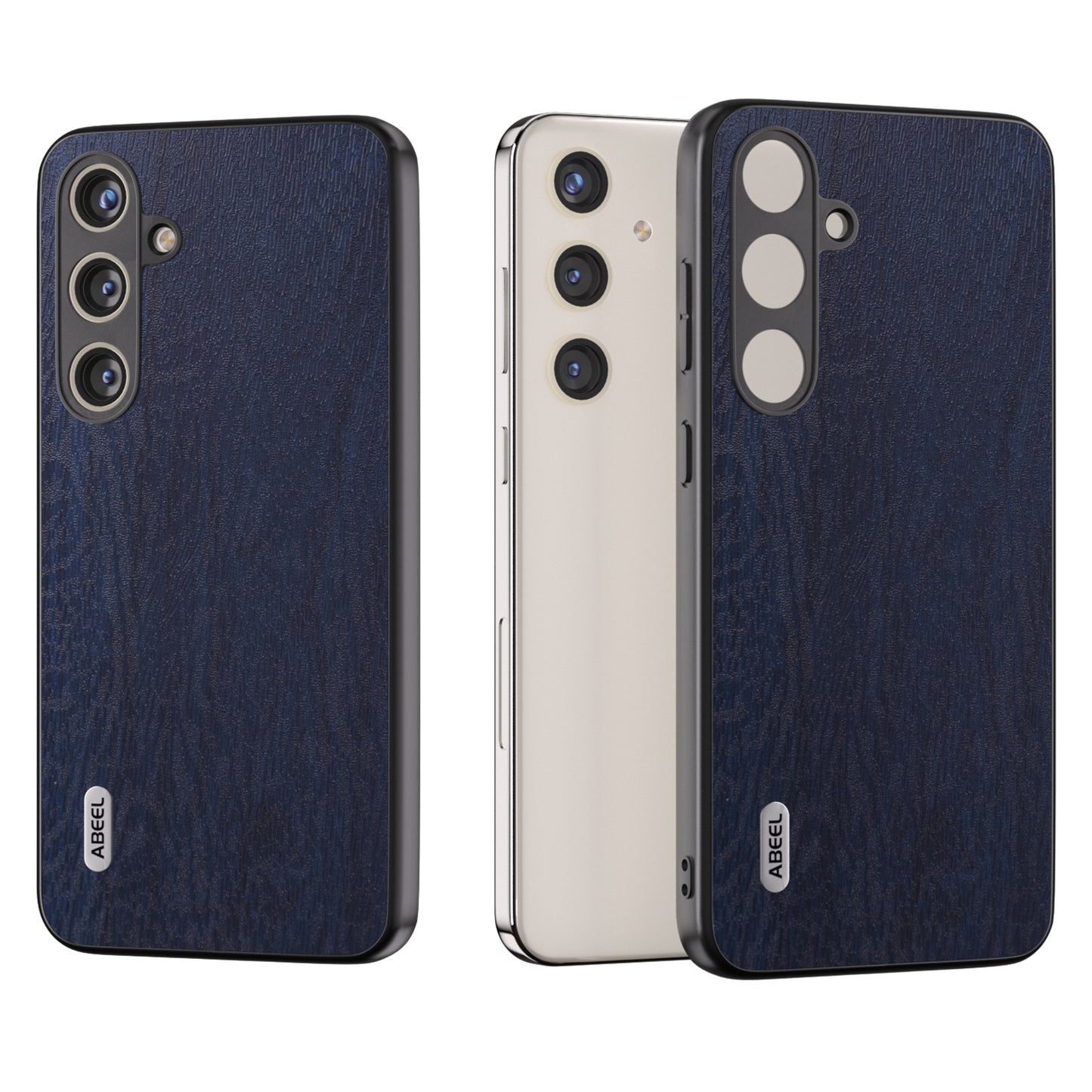 ABEEL For Samsung Galaxy S24+ Phone Case Wood Grain Anti-Scratch Leather Back Cover - Blue