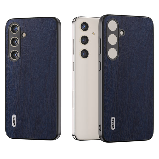 ABEEL For Samsung Galaxy S24+ Phone Case Wood Grain Anti-Scratch Leather Back Cover - Blue