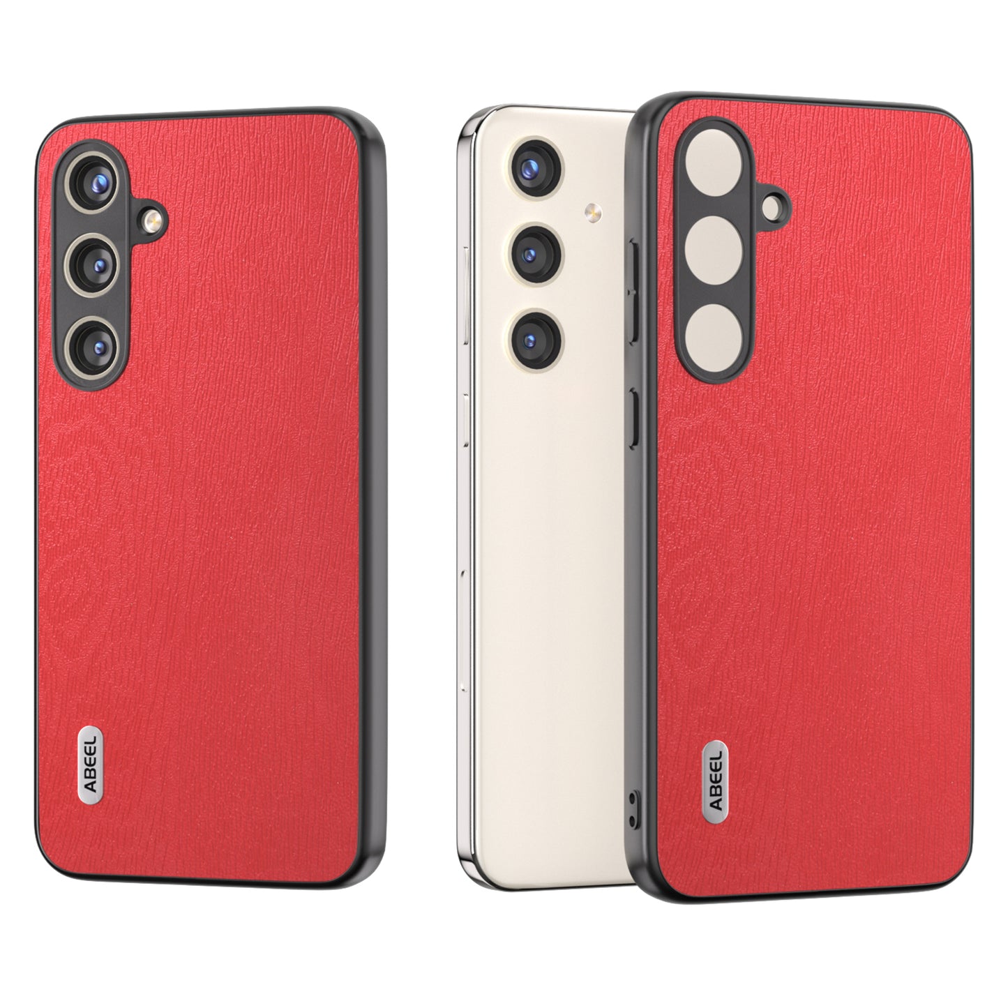 ABEEL For Samsung Galaxy S24+ Phone Case Wood Grain Anti-Scratch Leather Back Cover - Red