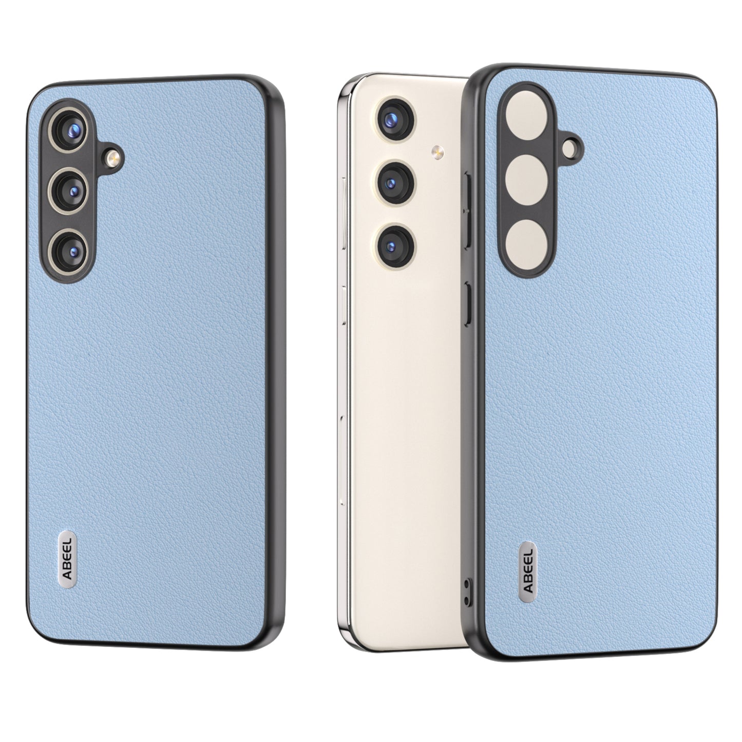 ABEEL For Samsung Galaxy S24+ Textured Phone Case Genuine Cow Leather Cover Non-Slip - Baby Blue