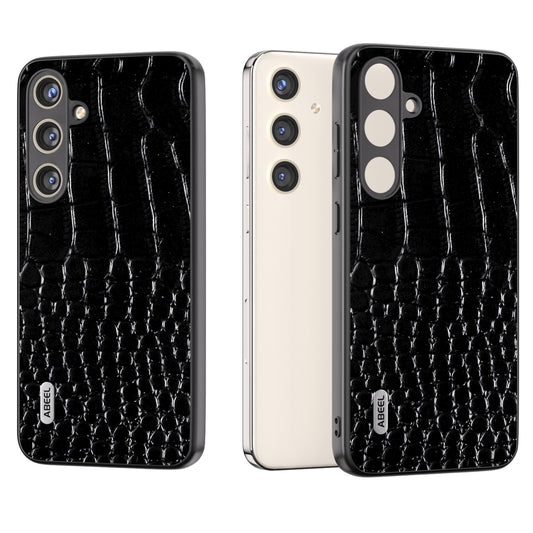 ABEEL For Samsung Galaxy S24+ Crocodile Texture Series Case Genuine Cow Leather Phone Back Cover - Black
