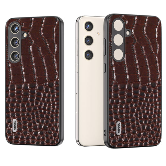 ABEEL For Samsung Galaxy S24+ Crocodile Texture Series Case Genuine Cow Leather Phone Back Cover - Coffee