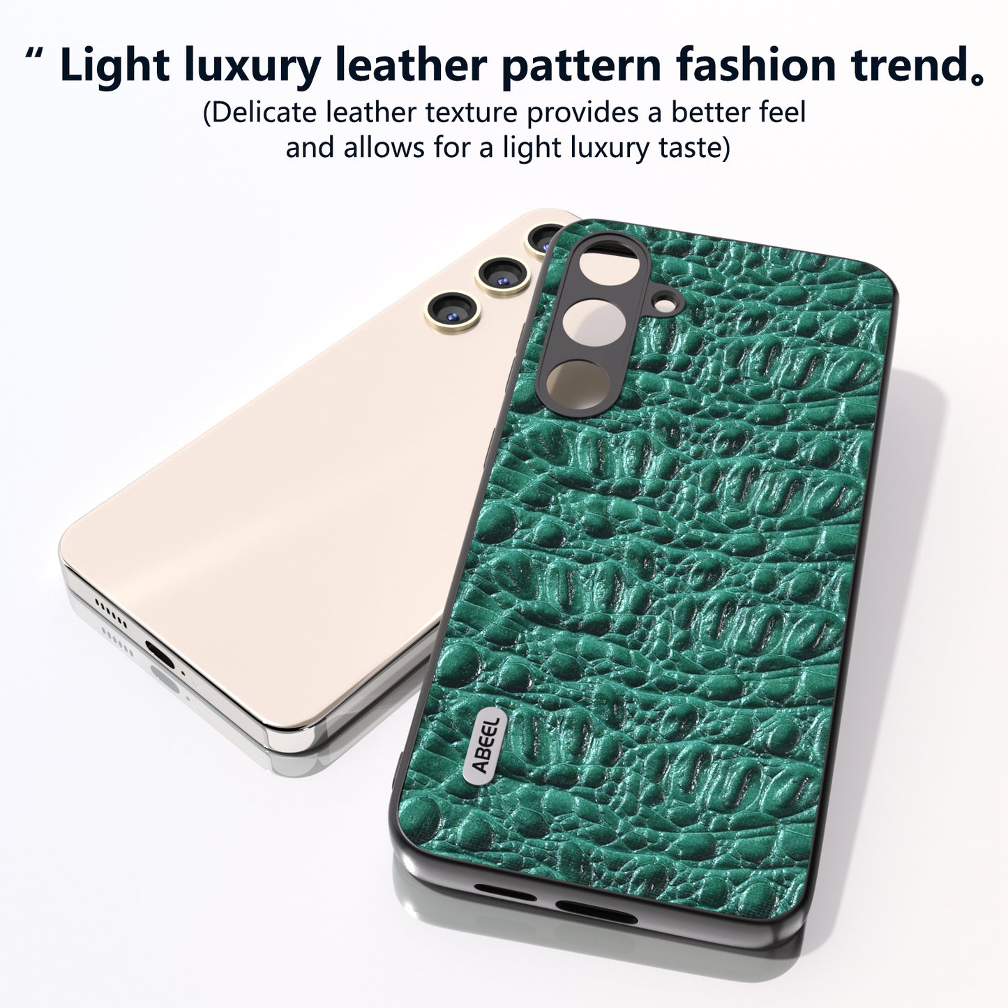 ABEEL For Samsung Galaxy S24+ Texture Case Genuine Cow Leather Coated PC+TPU Phone Cover - Green
