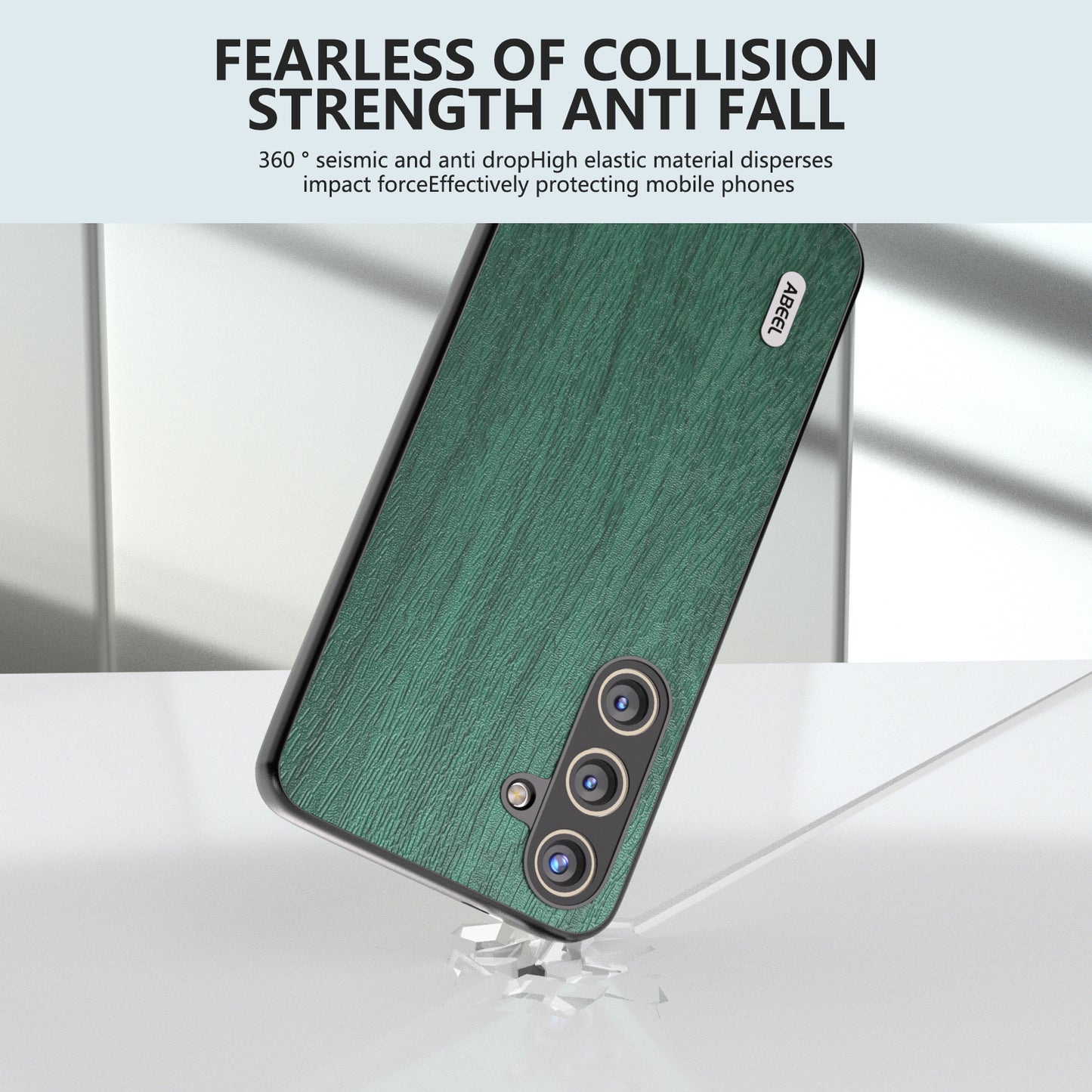 ABEEL For Samsung Galaxy S24 Wood Grain Case Leather+TPU+PC Shock Absorption Phone Cover - Green