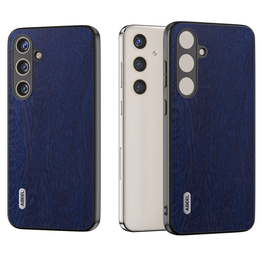 ABEEL For Samsung Galaxy S24 Wood Grain Case Leather+TPU+PC Shock Absorption Phone Cover - Blue