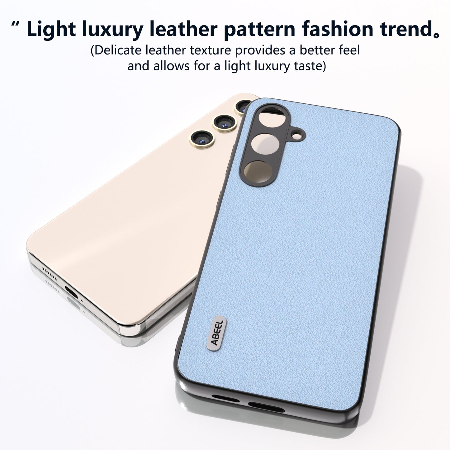 ABEEL For Samsung Galaxy S24 Phone Case Genuine Cow Leather Textured Protective Cover - Baby Blue