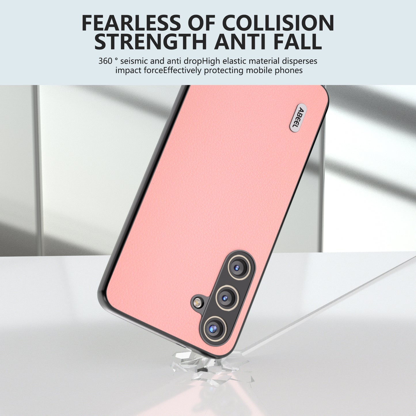 ABEEL For Samsung Galaxy S24 Phone Case Genuine Cow Leather Textured Protective Cover - Pink