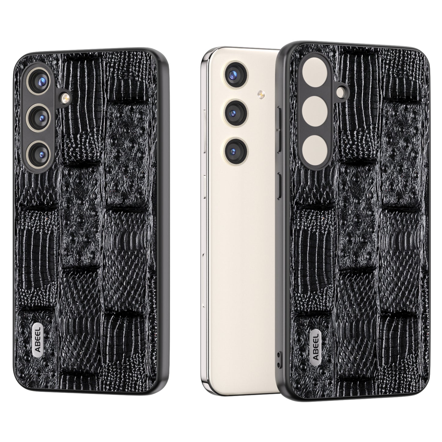ABEEL For Samsung Galaxy S24 Mahjong Texture Case Shock-Absorbing Genuine Cow Leather Cover - Black