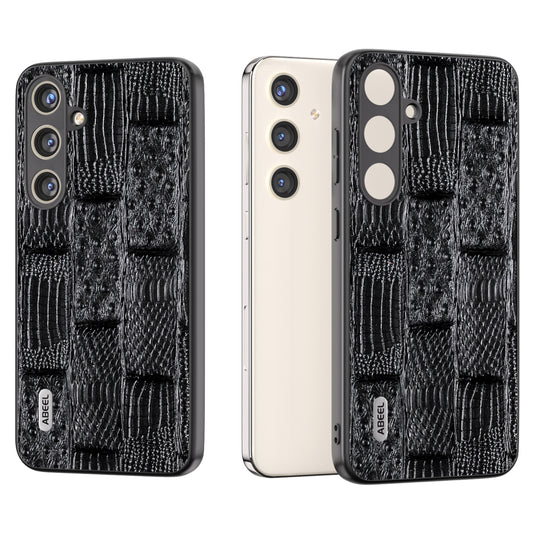 ABEEL For Samsung Galaxy S24 Mahjong Texture Case Shock-Absorbing Genuine Cow Leather Cover - Black