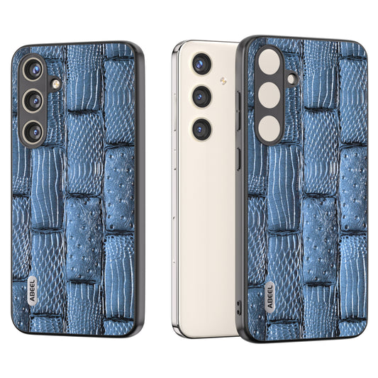 ABEEL For Samsung Galaxy S24 Mahjong Texture Case Shock-Absorbing Genuine Cow Leather Cover - Blue