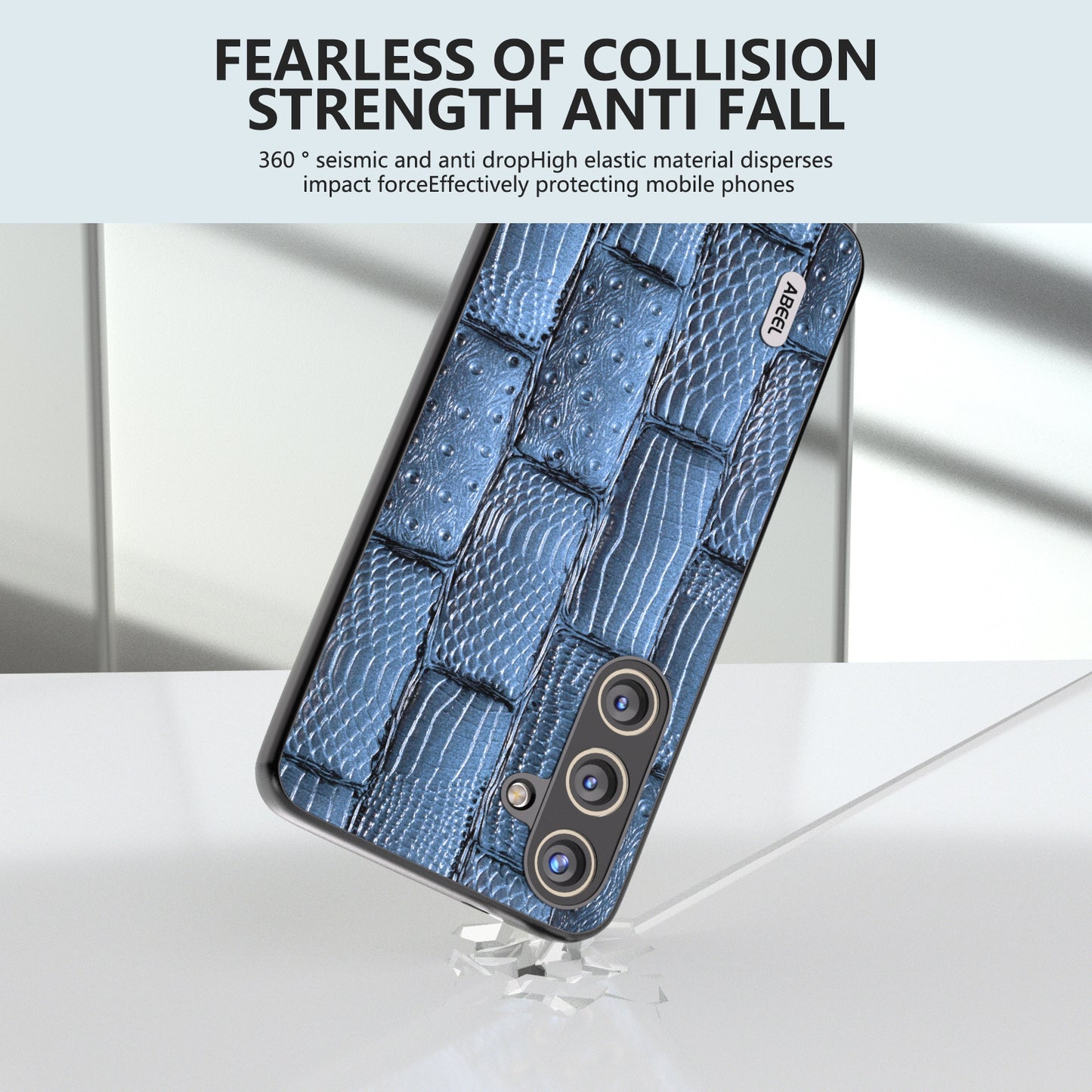ABEEL For Samsung Galaxy S24 Mahjong Texture Case Shock-Absorbing Genuine Cow Leather Cover - Blue