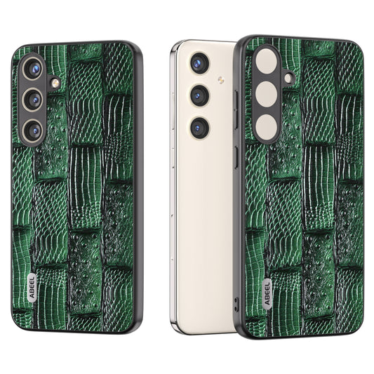 ABEEL For Samsung Galaxy S24 Mahjong Texture Case Shock-Absorbing Genuine Cow Leather Cover - Green