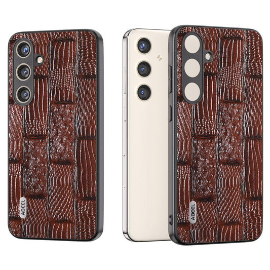ABEEL For Samsung Galaxy S24 Mahjong Texture Case Shock-Absorbing Genuine Cow Leather Cover - Brown