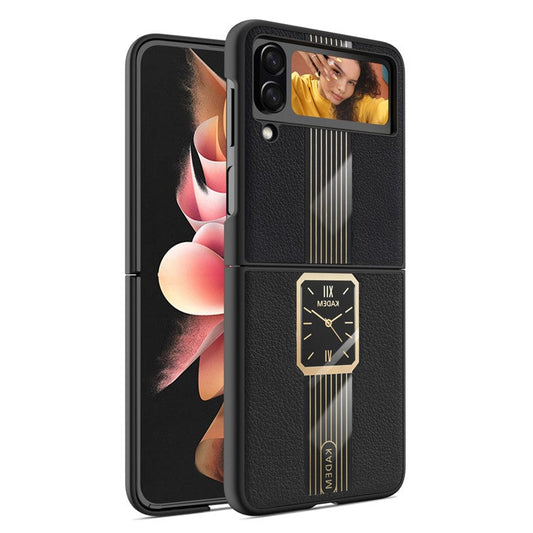 KADEM For Samsung Galaxy Z Flip4 5G Watch Pattern Electroplating Acrylic+TPU+PU Cell Phone Case - Black